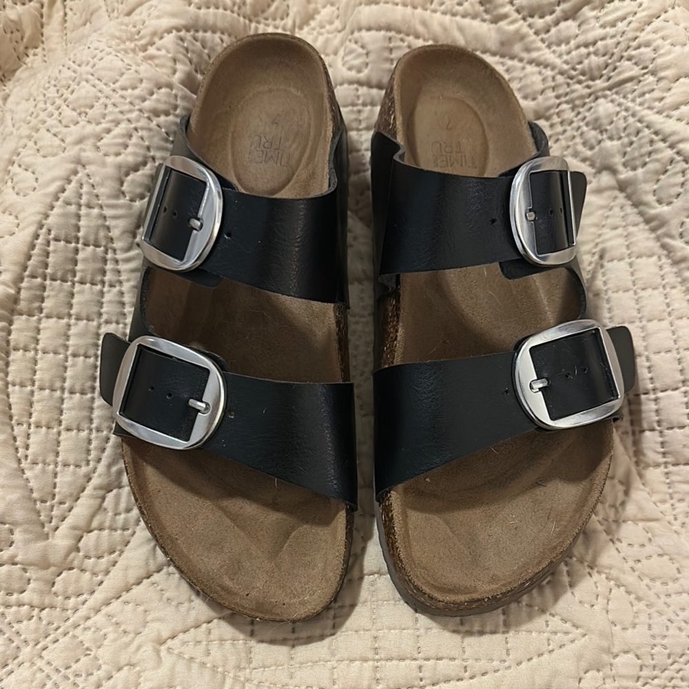 Time and Tru Black Sandals with Silver Buckles